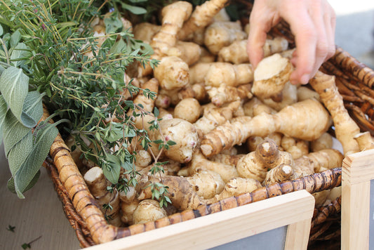 ginger and herbs in a basket in the farmer's market