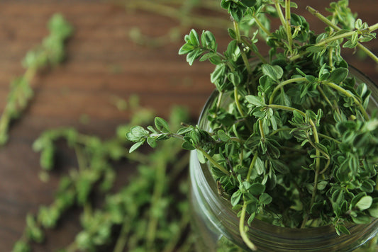 Fresh herbs spill from a glass jar, with a few herbs scattered on the ground.