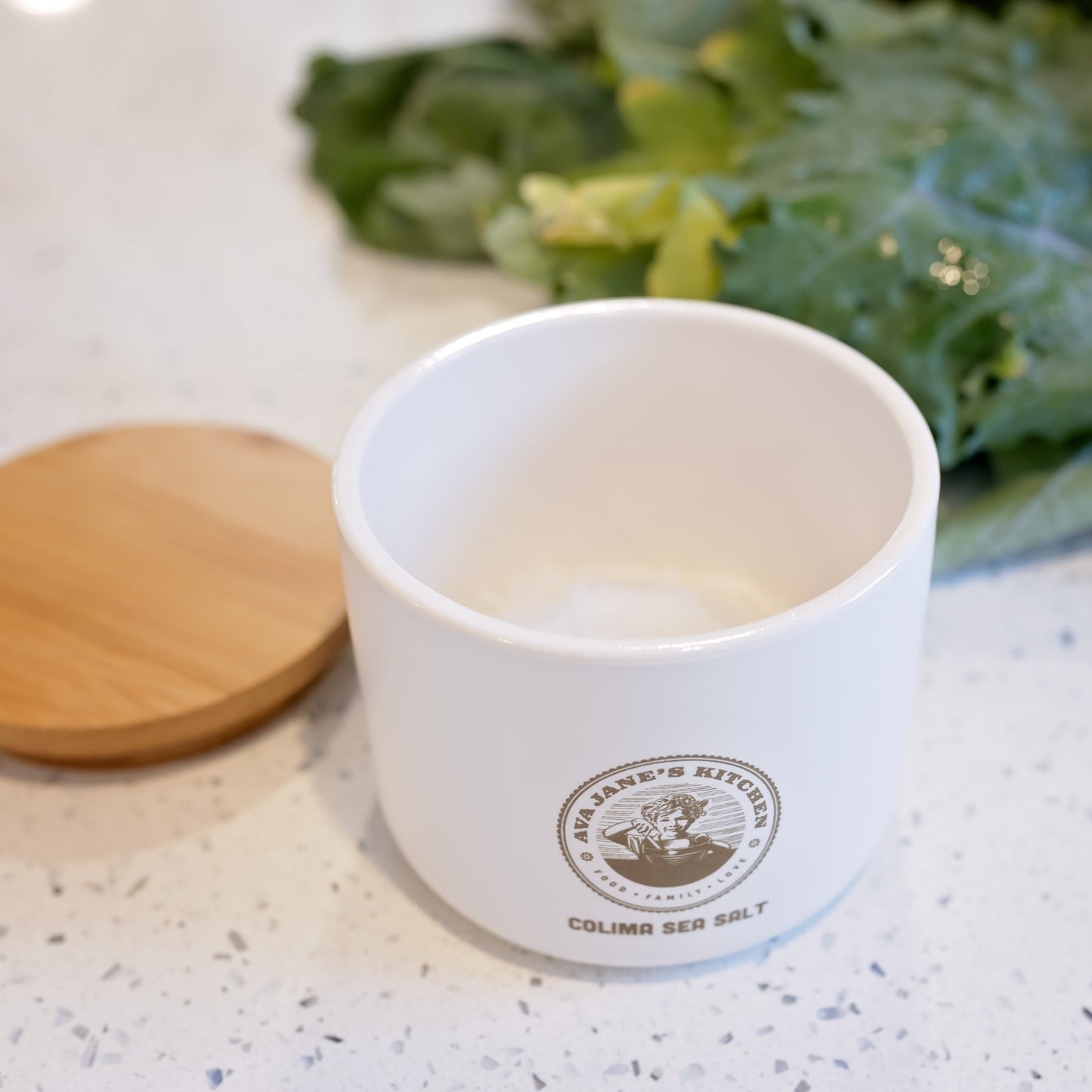 Ava Jane Kitchen Porcelain Salt Cellar open on the kitchen counter