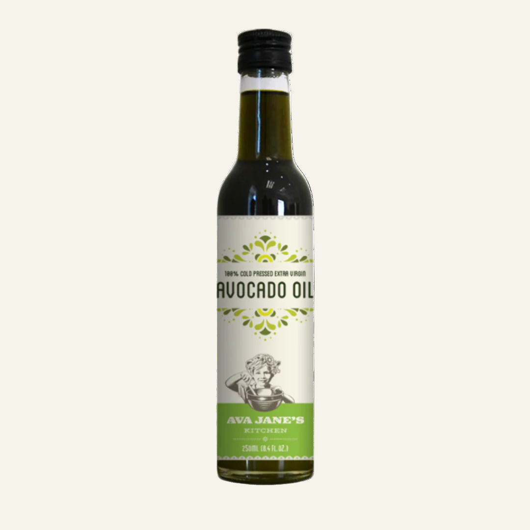 Bottle of Ava Jane's Kitchen's Avocado Oil on a white backgroun