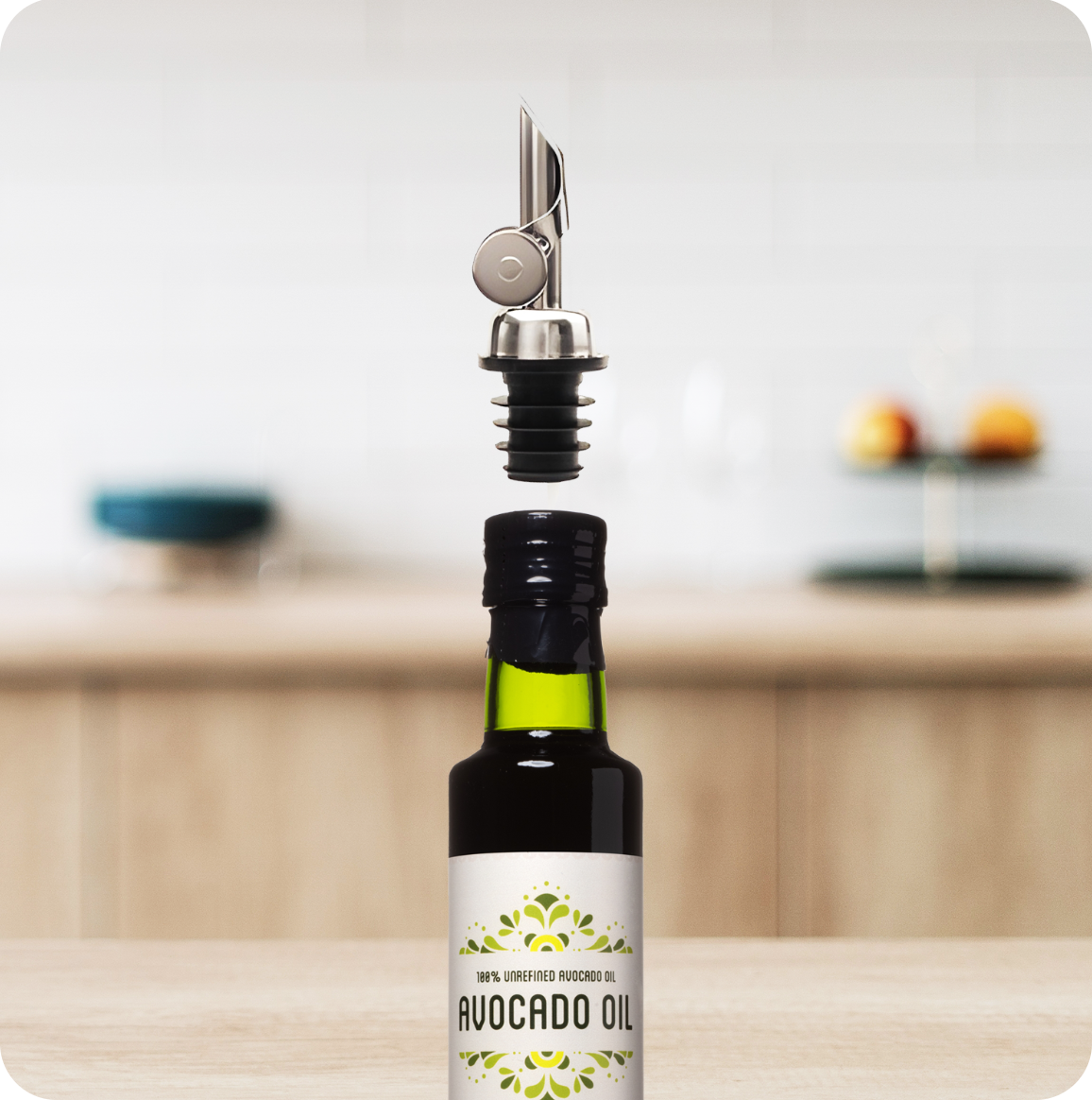 oil bottle present on a kitchen island and pourer spout hanging in the air
