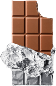 A chocolate bar with one square missing, its plastic wrapping peeled halfway