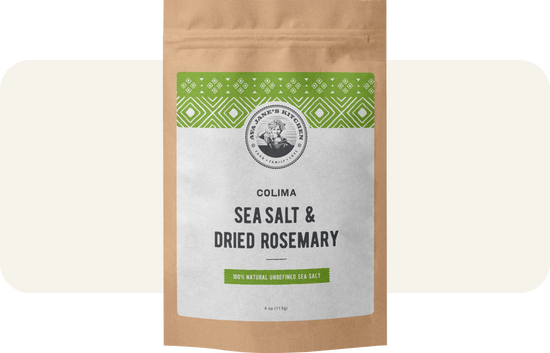 Sea Salt with Dried Rosemary in a paper bag with green and white sticker