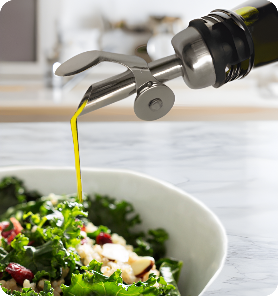 Oil spilled out through the pourer spout onto the salad dish