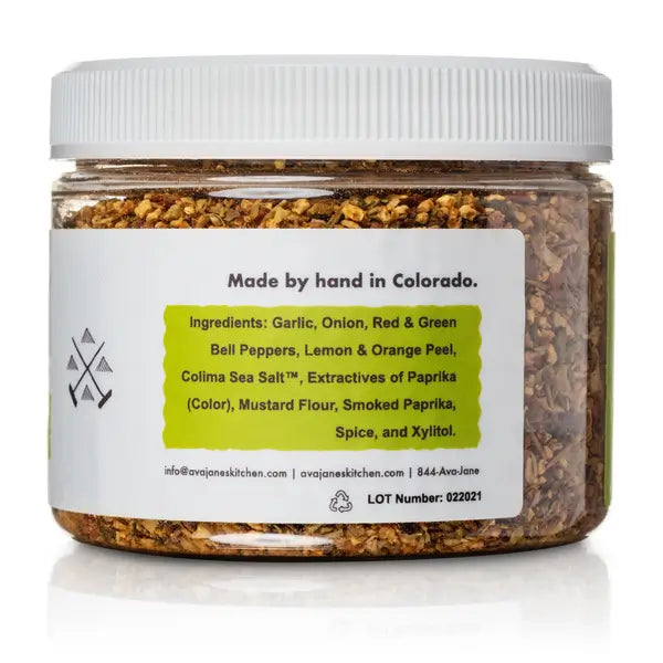 A jar of Ava Jane Kitchen's Spice Blend: Roadside Chicken seasoning side label