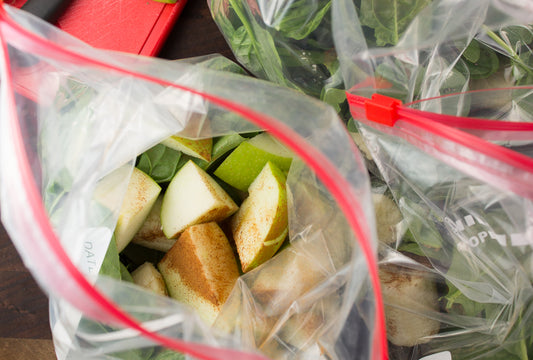 plastic bag of fruits and veggies for smoothies