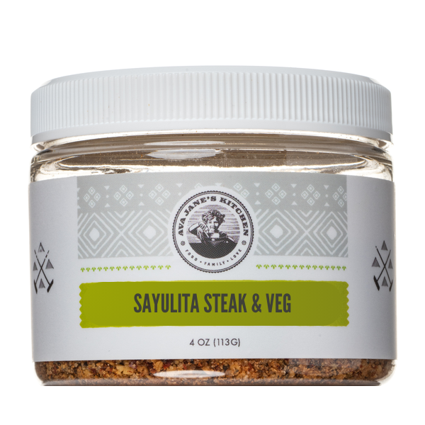 A jar of Ava Jane Kitchen's Spice Blend: Sayulita Steak & Veg seasoning