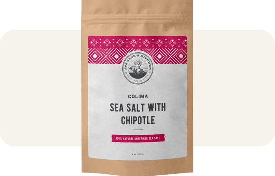 Colima Sea Salt with Chipotle in a paper bag with pink and white sticker