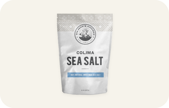 Colima Sea Salt in a grey and white plastic bag with black, white, and blue text
