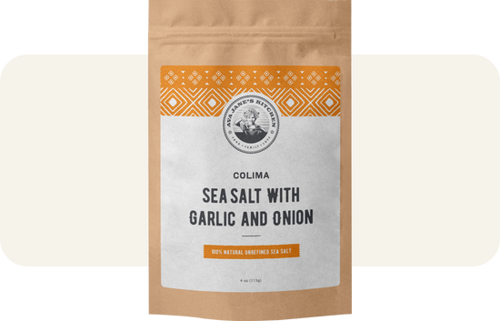 Colima Sea Salt with Garlic and Onion in a paper bag with orange and white sticker
