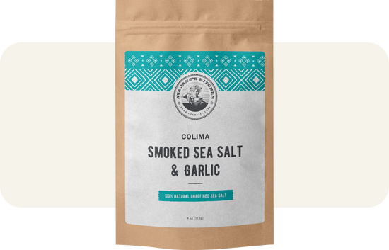 Smoked Sea Salt & Garlic Flavored Salt in a paper bag with blue and white sticker