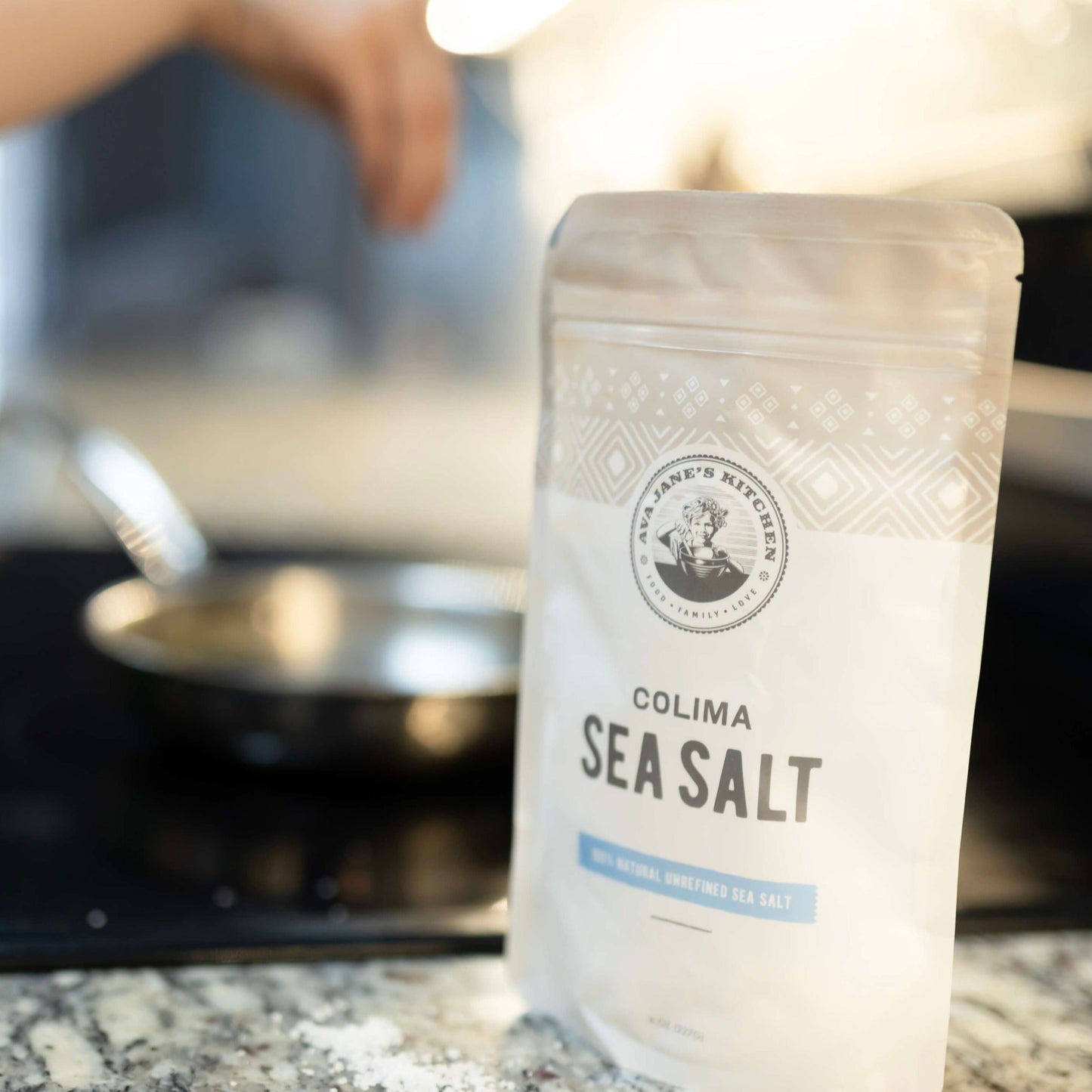 Ava Jane Kitchen Colima sea salt in a bag on a stovetop.