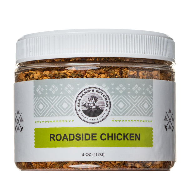 A jar of Ava Jane Kitchen's Spice Blend: Roadside Chicken seasoning.