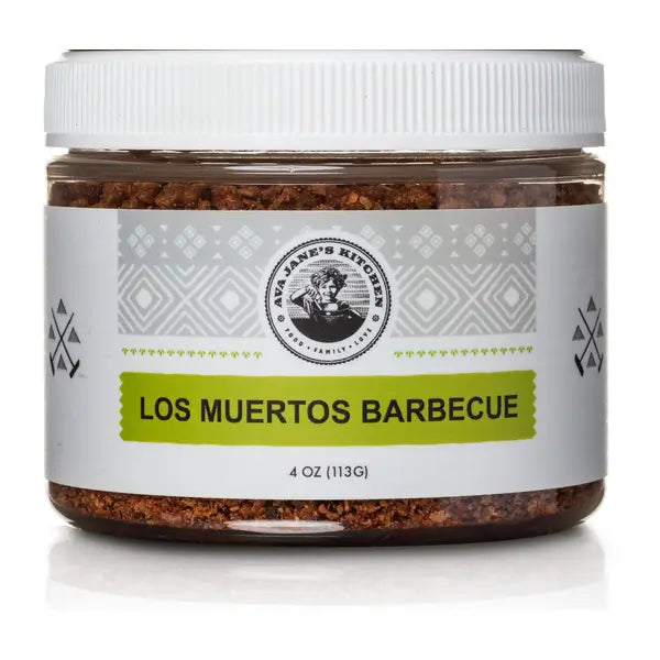 A jar of Ava Jane Kitchen's Spice Blend: Los Muertos Barbecue seasoning.