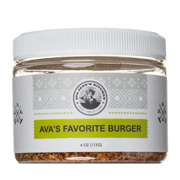 A jar of Ava Jane Kitchen's Spice Blend: Ava's Favorite Burger seasoning.