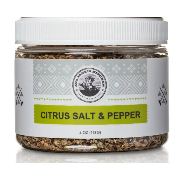A jar of Ava Jane Kitchen's Spice Blend: Citrus Salt & Pepper seasoning.